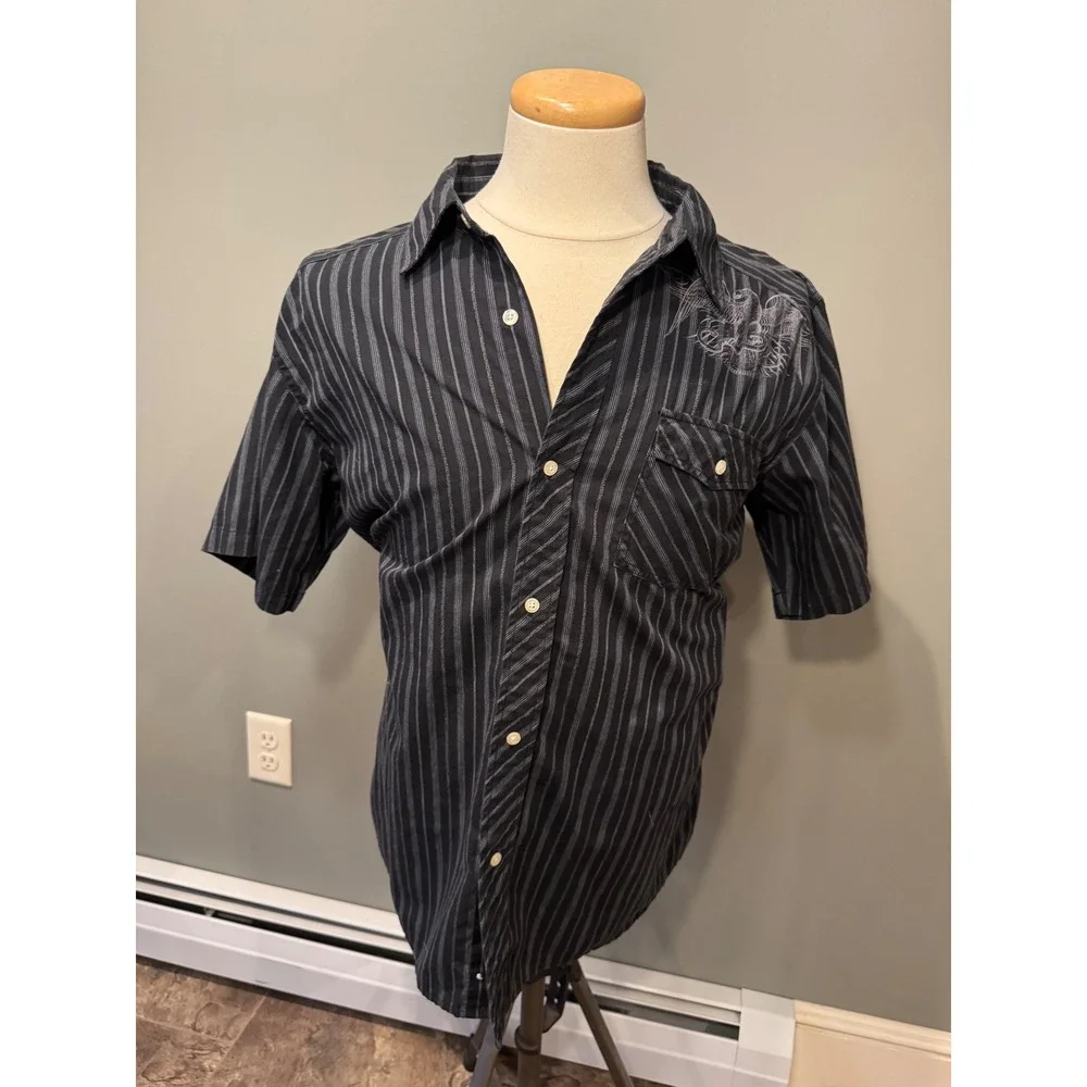 RARE Y2K Large Striped Eagle‎ Graphic Button Down Shirt Menswear Short Sleeve